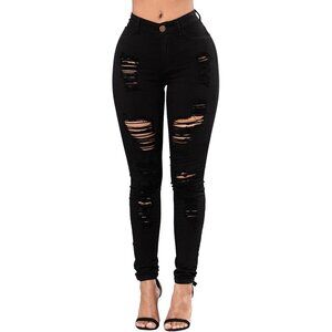 Women's High Waisted Ripped Skinny Jeans Polycotton Stretch Body Shaping